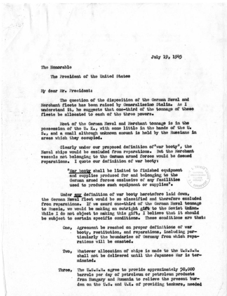 Memorandum from Edwin W. Pauley to President Harry S. Truman
