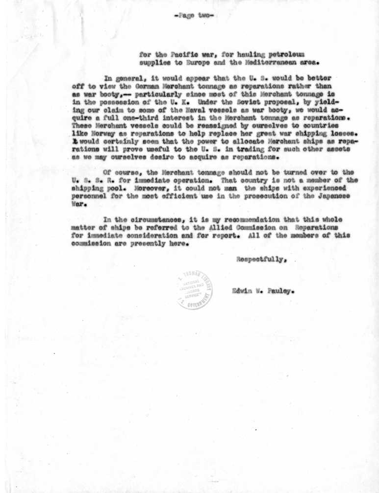 Memorandum from Edwin W. Pauley to President Harry S. Truman