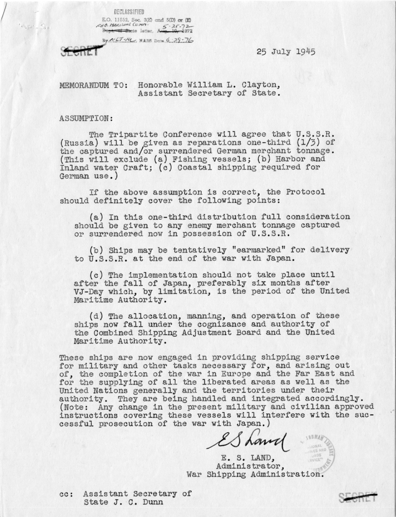 Memorandum from Emory Land to William L. Clayton