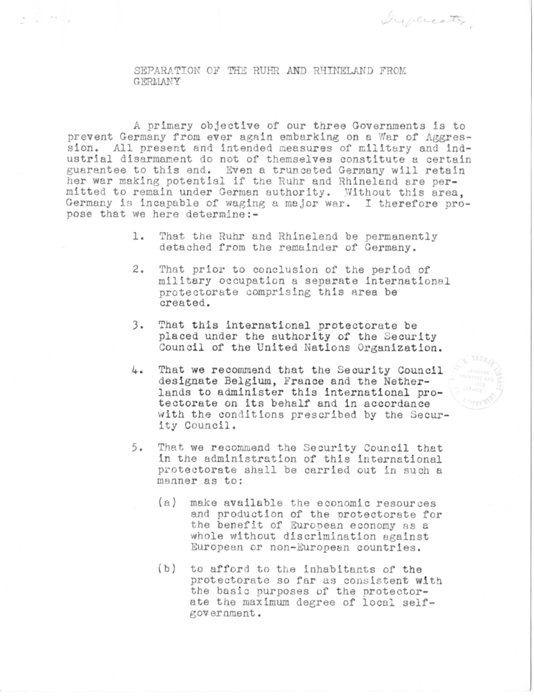 Memorandum, Separation of the Ruhr and Rhineland from Germany