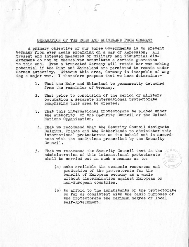 Memorandum, Separation of the Ruhr and Rhineland from Germany