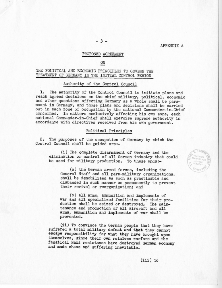 Memorandum, Proposed Agreement on the Political and Economic Principles to Govern the Treatment of Germany in the Initial Control Period