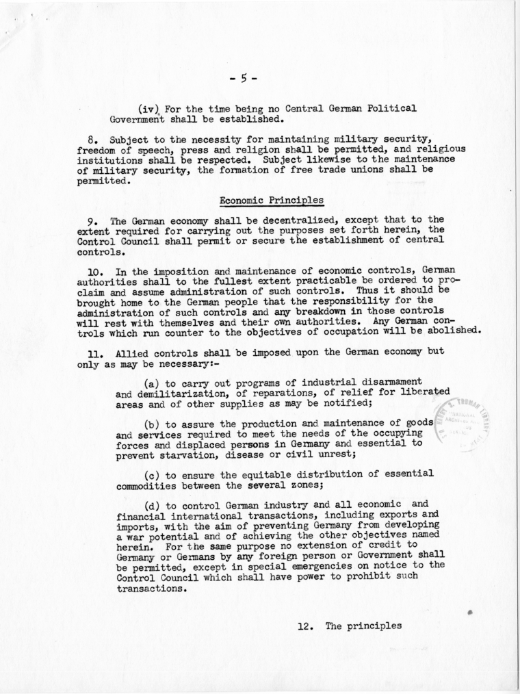 Memorandum, Proposed Agreement on the Political and Economic Principles to Govern the Treatment of Germany in the Initial Control Period