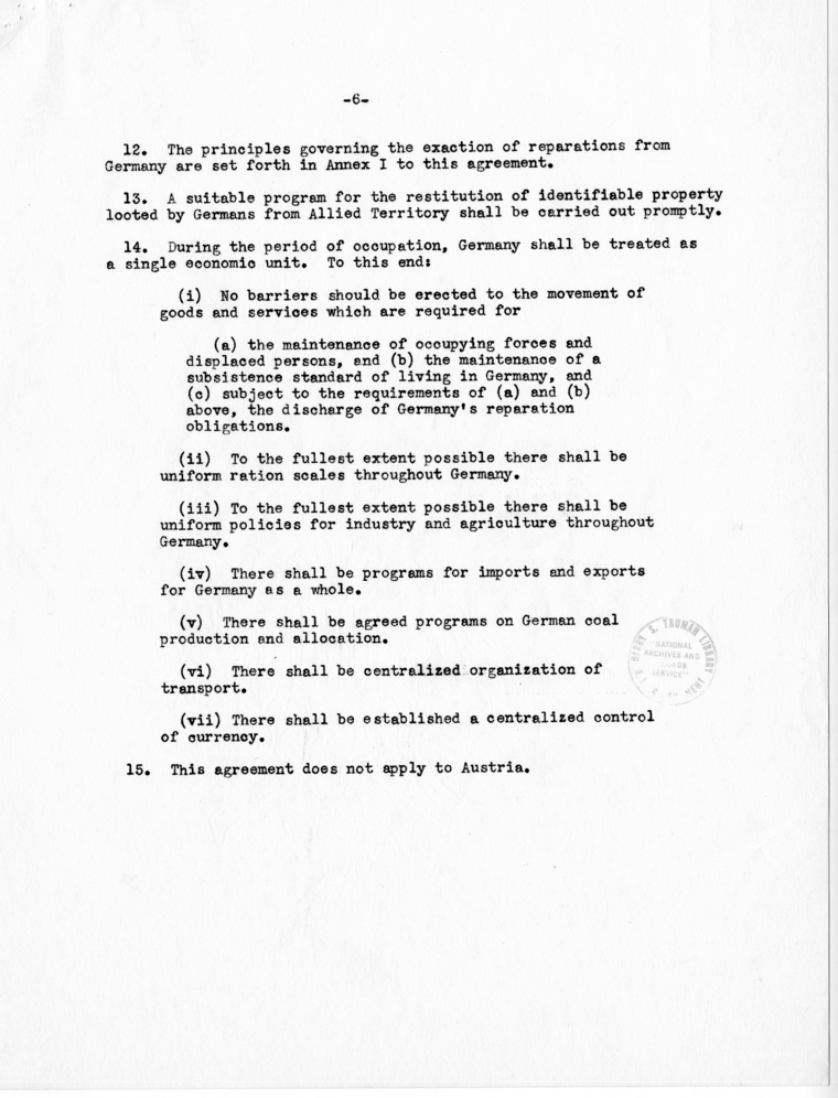 Memorandum, Proposed Agreement on the Political and Economic Principles to Govern the Treatment of Germany in the Initial Control Period