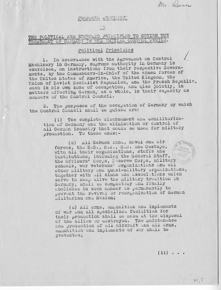 Memorandum, Proposed Agreement on the Political and Economic Principles to Govern the Treatment of Germany in the Initial Control Period - Political Principles