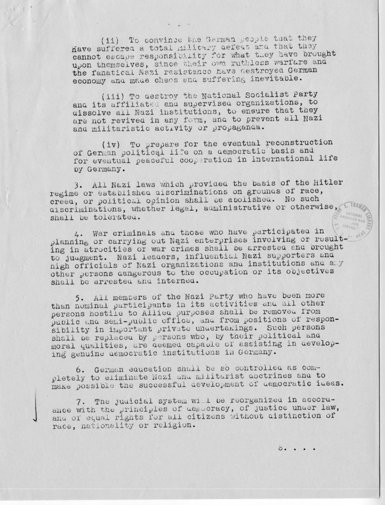 Memorandum, Proposed Agreement on the Political and Economic Principles to Govern the Treatment of Germany in the Initial Control Period - Political Principles