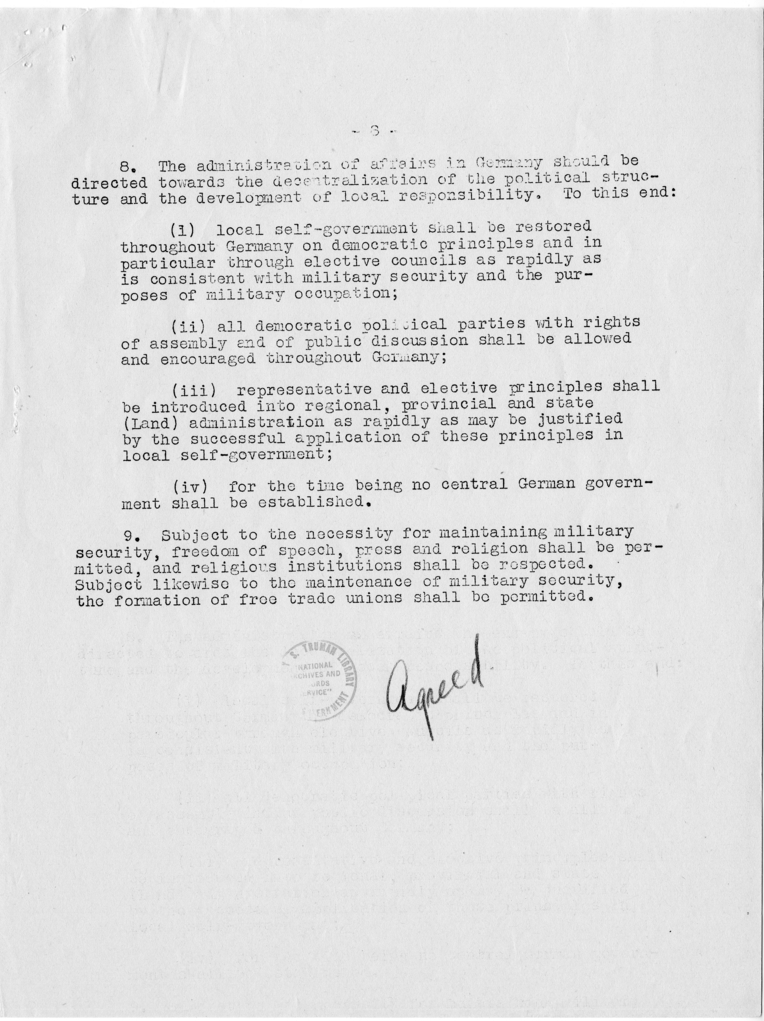Memorandum, Proposed Agreement on the Political and Economic Principles to Govern the Treatment of Germany in the Initial Control Period - Political Principles