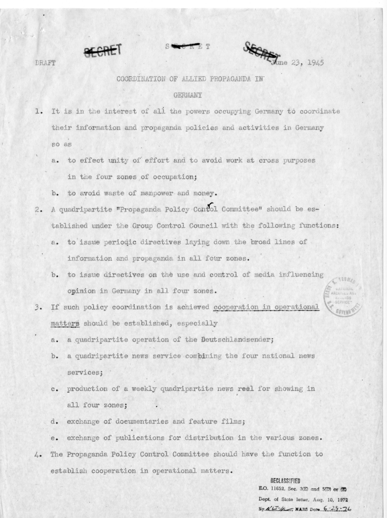 Draft Memorandum, Coordination of Allied Propaganda in Germany