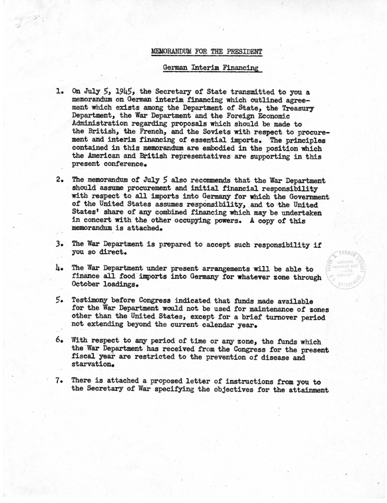 Memorandum from Secretary of State James Byrnes and Assistant Secretary of War John J. McCloy to President Harry S. Truman, German Interim Financing