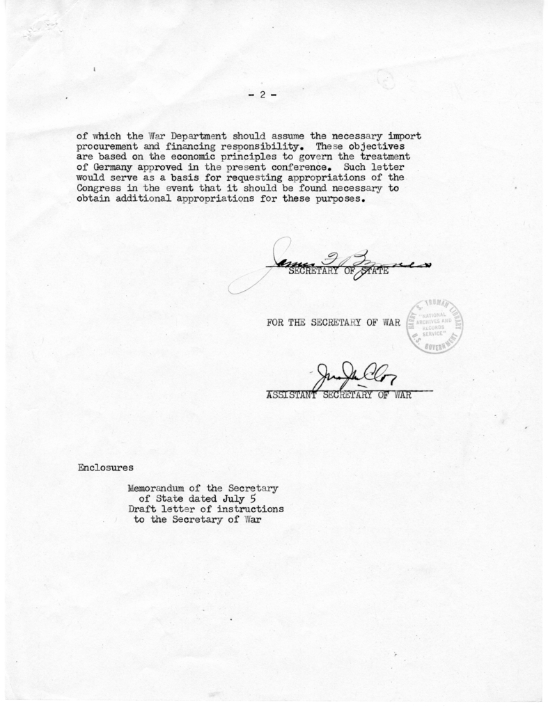 Memorandum from Secretary of State James Byrnes and Assistant Secretary of War John J. McCloy to President Harry S. Truman, German Interim Financing