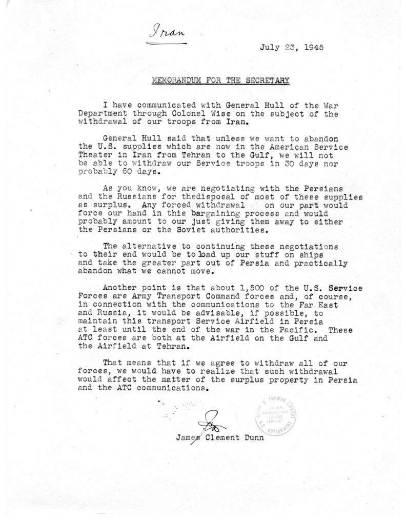 Memorandum from James C. Dunn to the Secretary of State