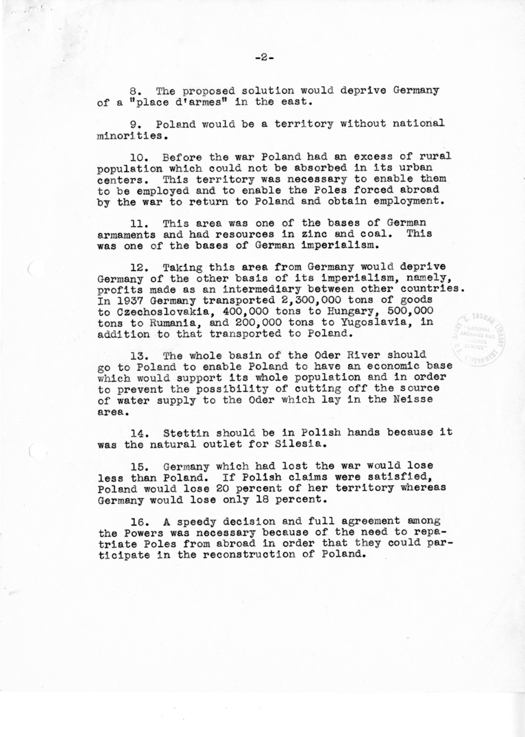 Memorandum, Summary of the Views Expressed by the Polish Delegation to the Meeting of Foreign Ministers on the Subject of Poland's Western Frontiers