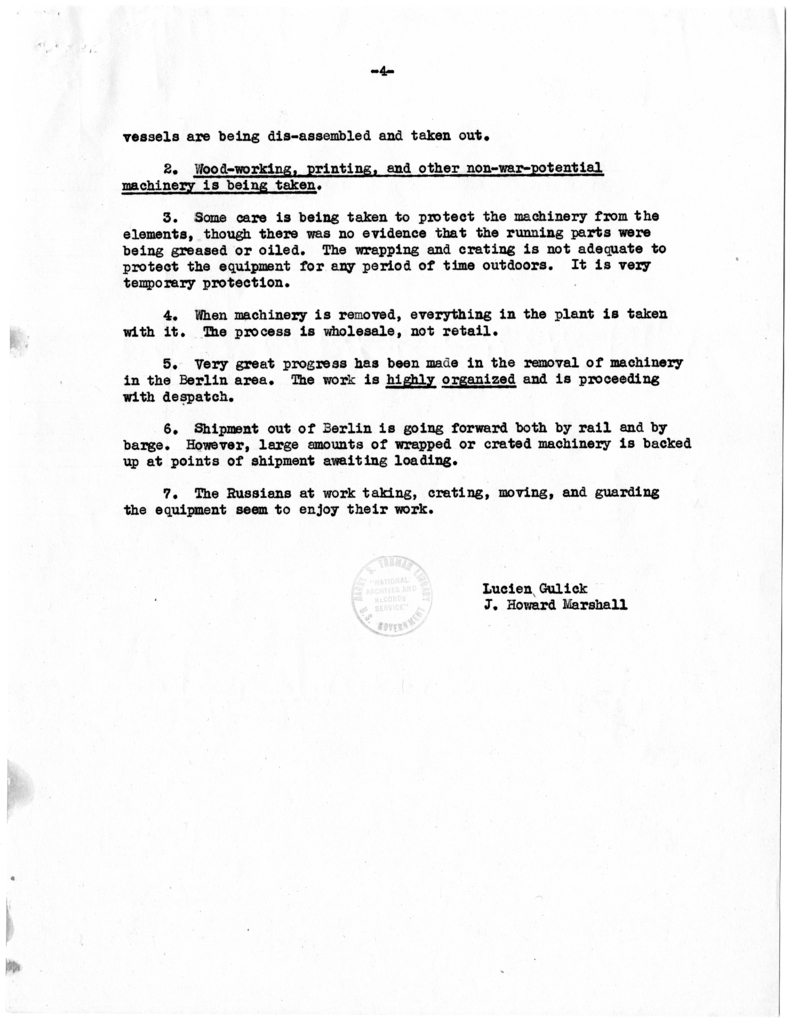 Memorandum from Lucien Gulick and J. Howard Marshall, Russian Machinery Removals from Berlin