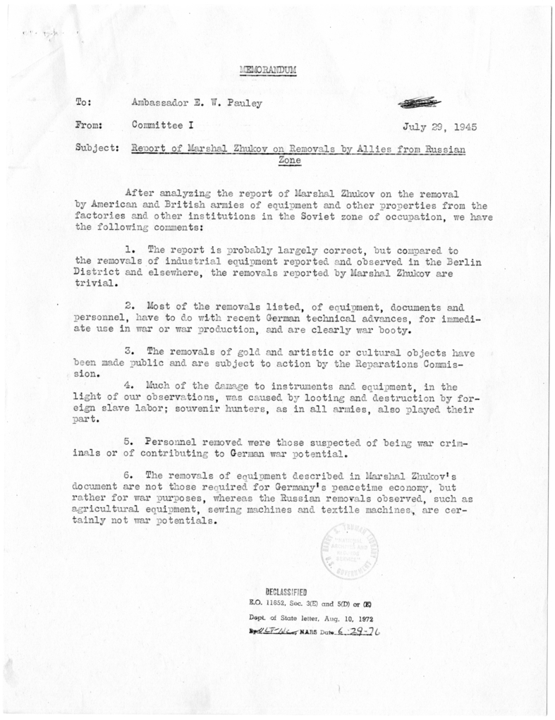 Memorandum from Committee I to Edwin Pauley, Report of Marshal Zhukov on Removals by Allies from Russian Zone