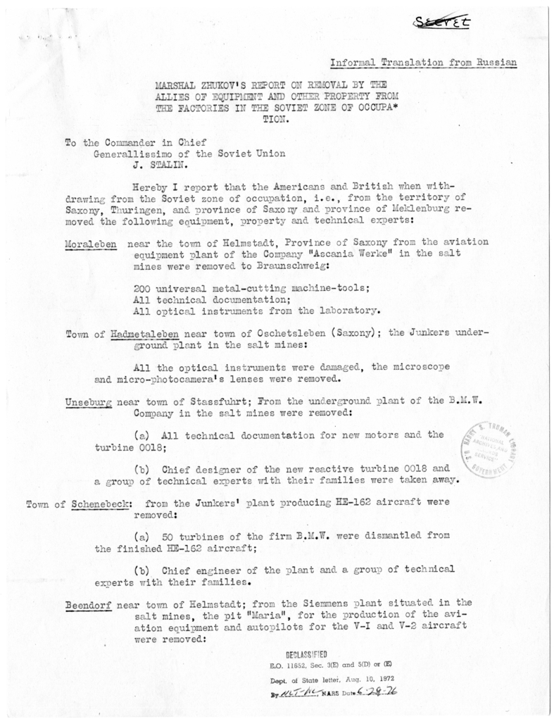 Memorandum from Committee I to Edwin Pauley, Report of Marshal Zhukov on Removals by Allies from Russian Zone