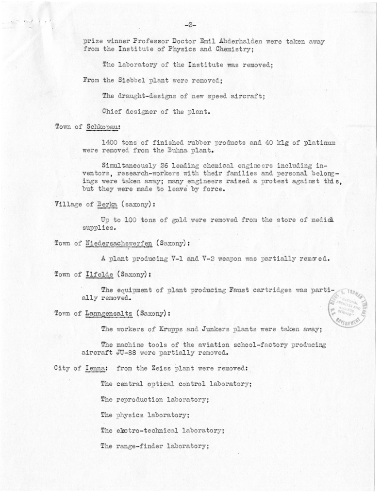 Memorandum from Committee I to Edwin Pauley, Report of Marshal Zhukov on Removals by Allies from Russian Zone