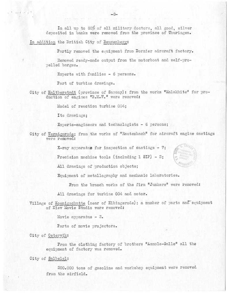 Memorandum from Committee I to Edwin Pauley, Report of Marshal Zhukov on Removals by Allies from Russian Zone