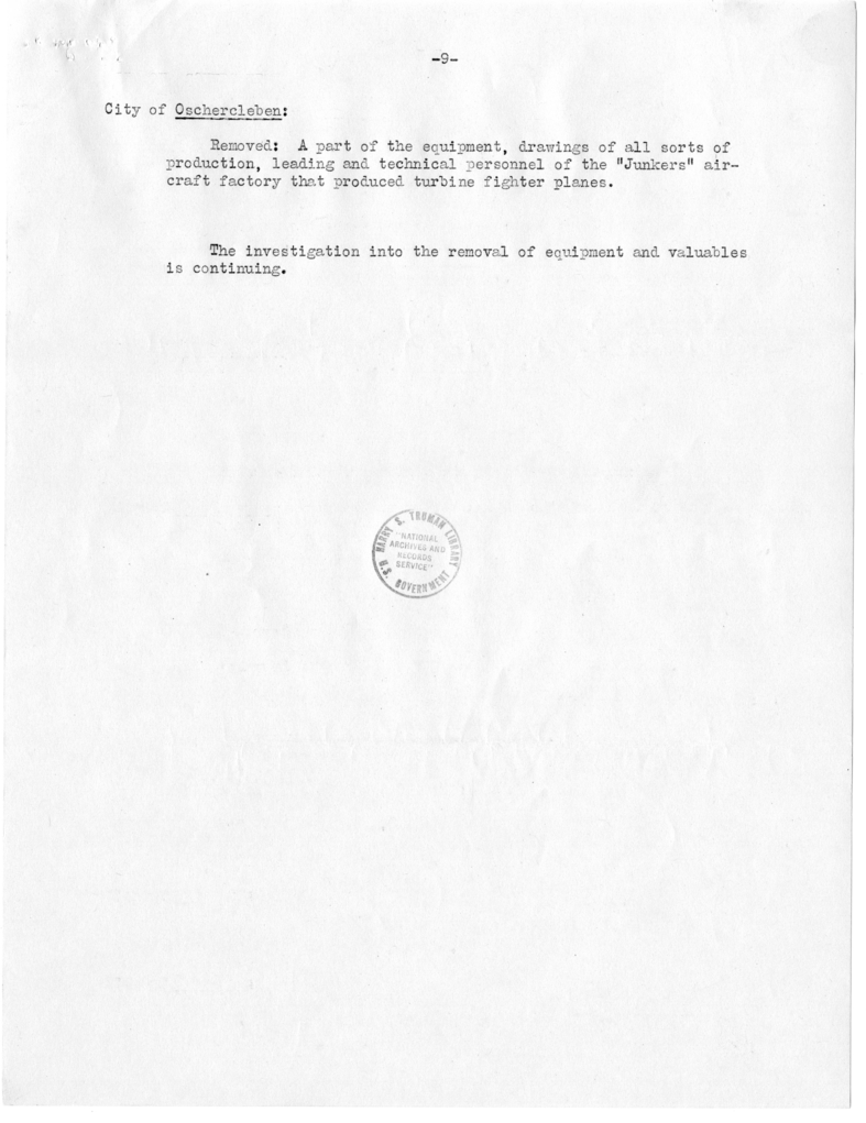 Memorandum from Committee I to Edwin Pauley, Report of Marshal Zhukov on Removals by Allies from Russian Zone