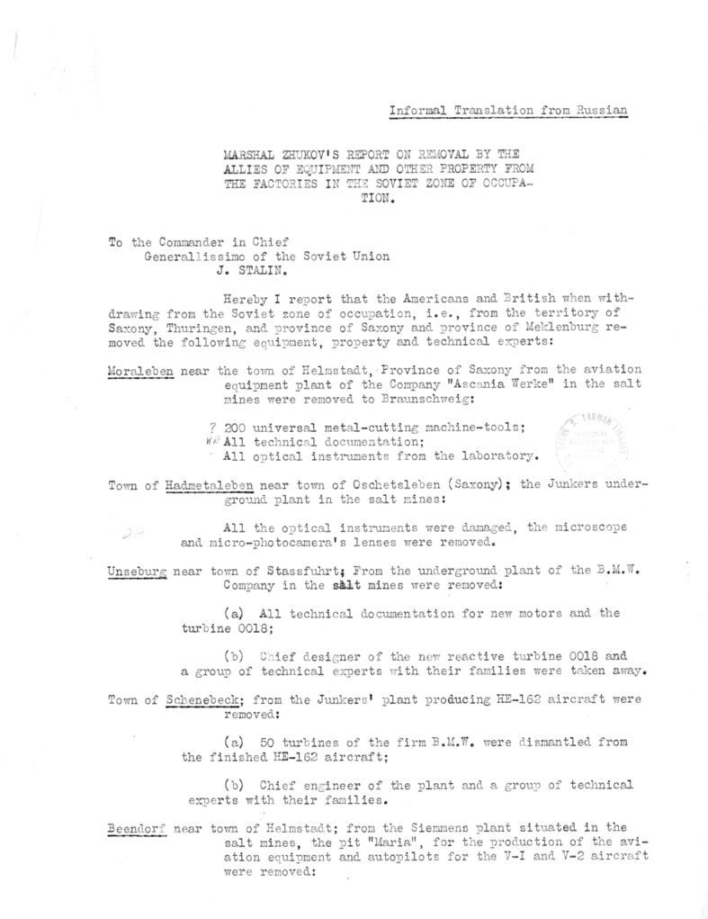 Marshal Zhukov's Report on Removal by the Allies of Equipment and Other Property from the Factories in the Soviet Zone of Occupation