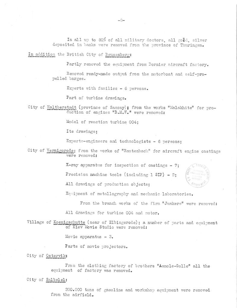 Marshal Zhukov's Report on Removal by the Allies of Equipment and Other Property from the Factories in the Soviet Zone of Occupation