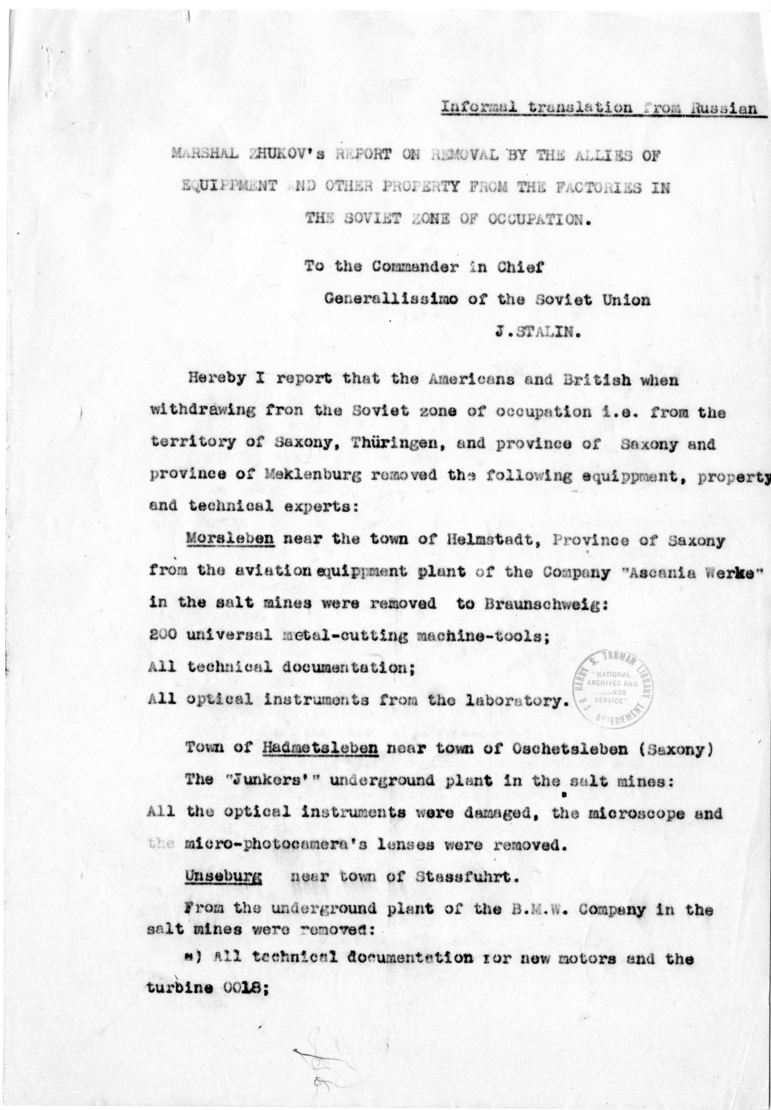 Marshal Zhukov's Report on Removal by the Allies of Equipment and Other Property from the Factories in the Soviet Zone of Occupation