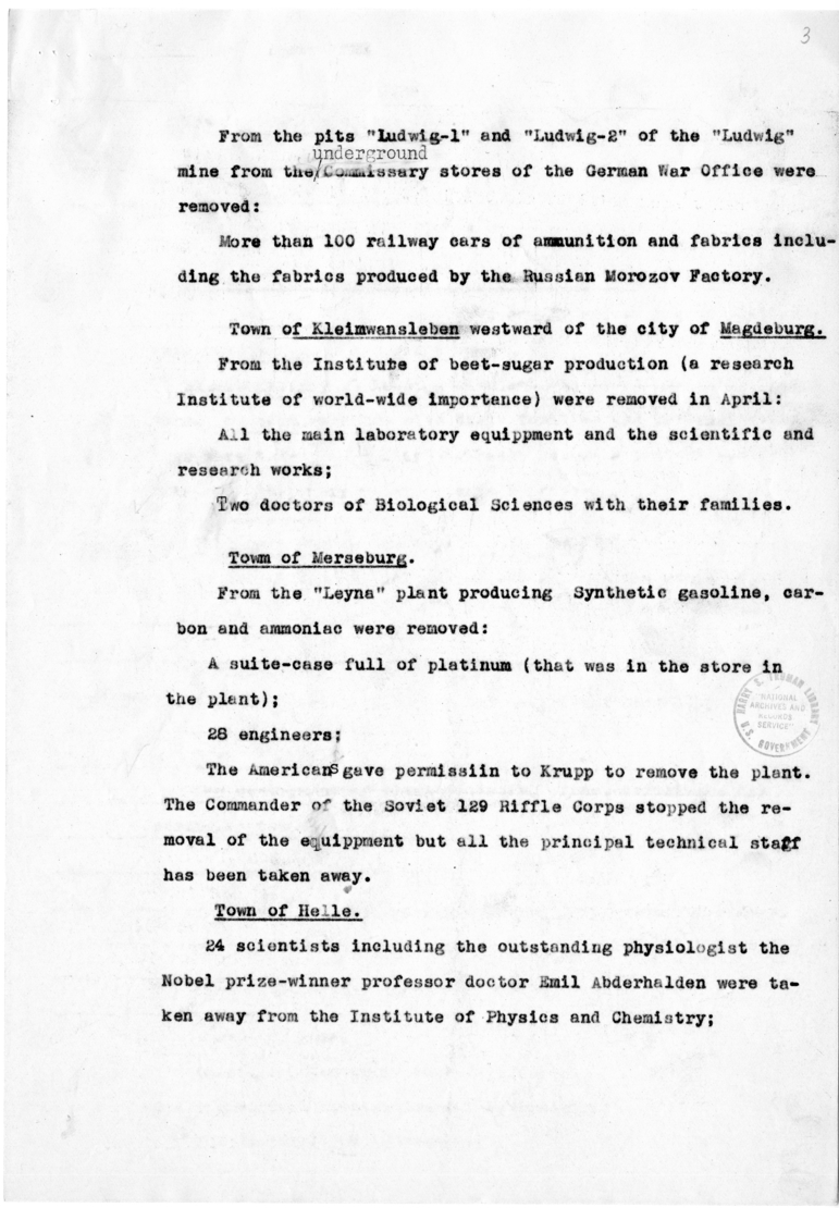 Marshal Zhukov's Report on Removal by the Allies of Equipment and Other Property from the Factories in the Soviet Zone of Occupation