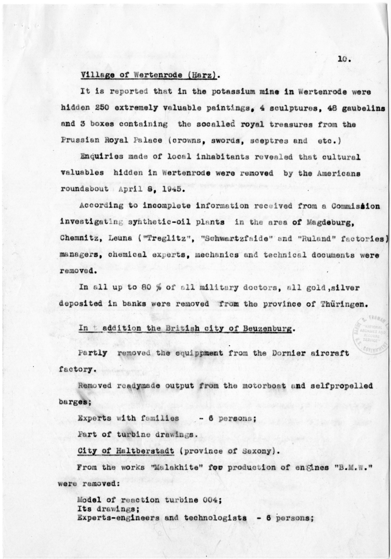 Marshal Zhukov's Report on Removal by the Allies of Equipment and Other Property from the Factories in the Soviet Zone of Occupation
