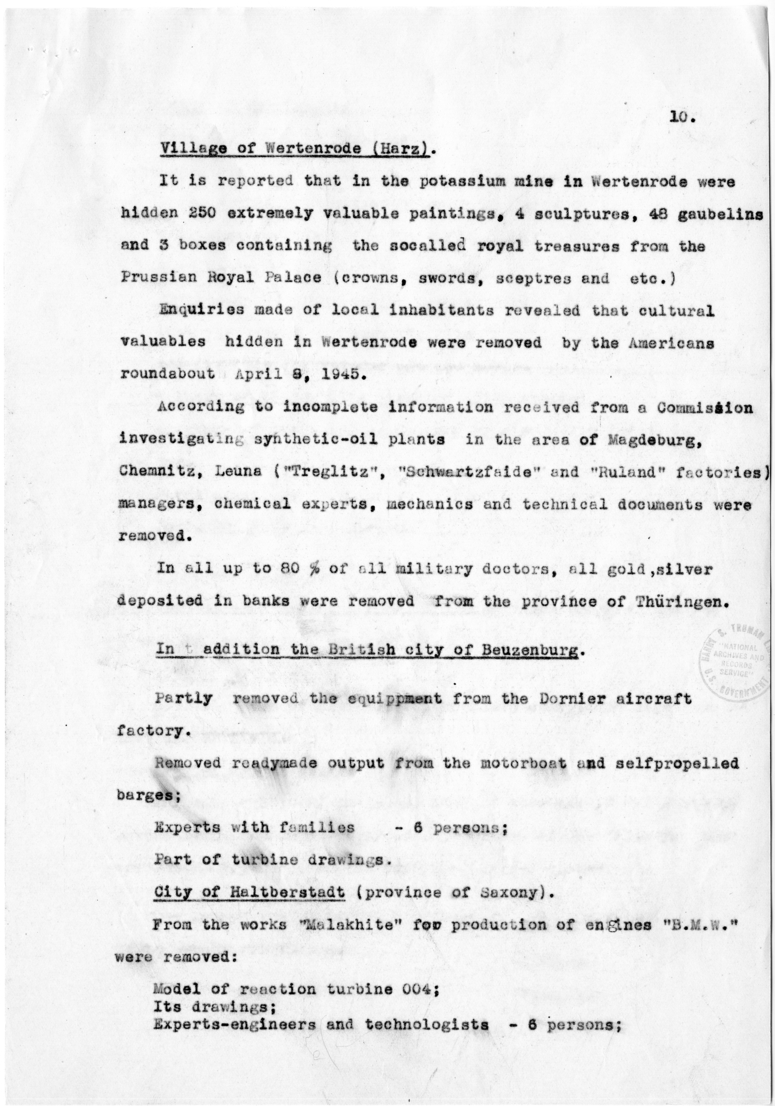 Marshal Zhukov's Report on Removal by the Allies of Equipment and Other Property from the Factories in the Soviet Zone of Occupation