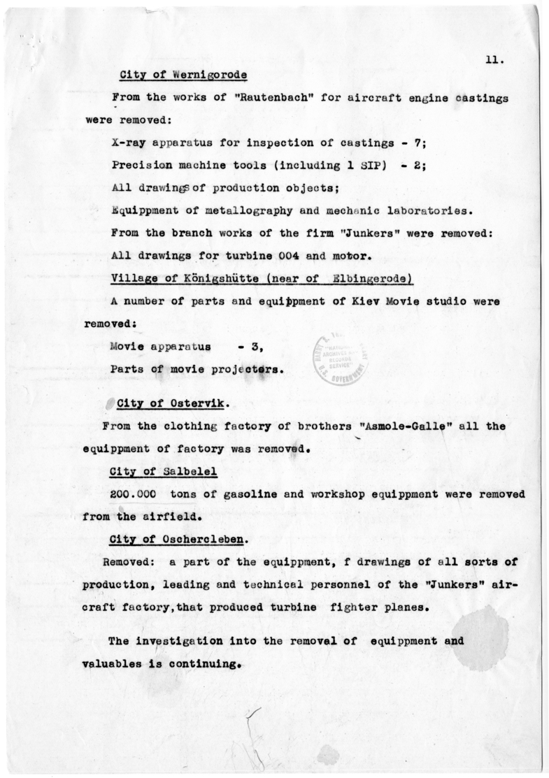 Marshal Zhukov's Report on Removal by the Allies of Equipment and Other Property from the Factories in the Soviet Zone of Occupation