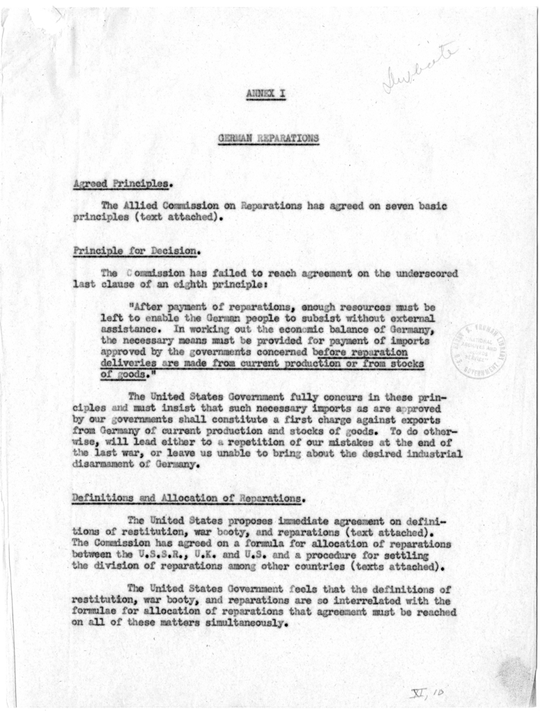 Memorandum, Annex I: German Reparations