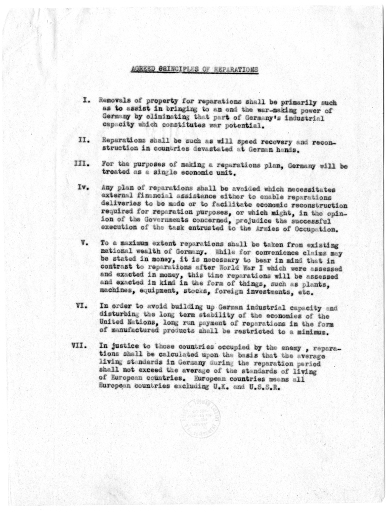 Memorandum, Annex I: German Reparations