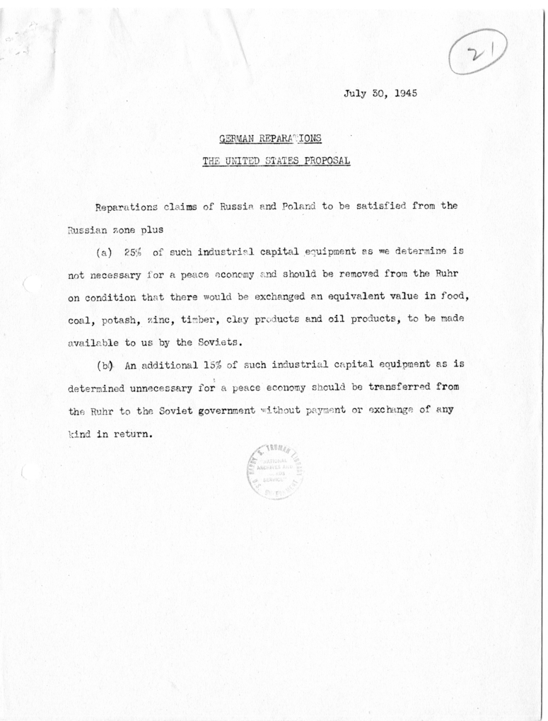 Memorandum, German Reparations: The United States Proposal