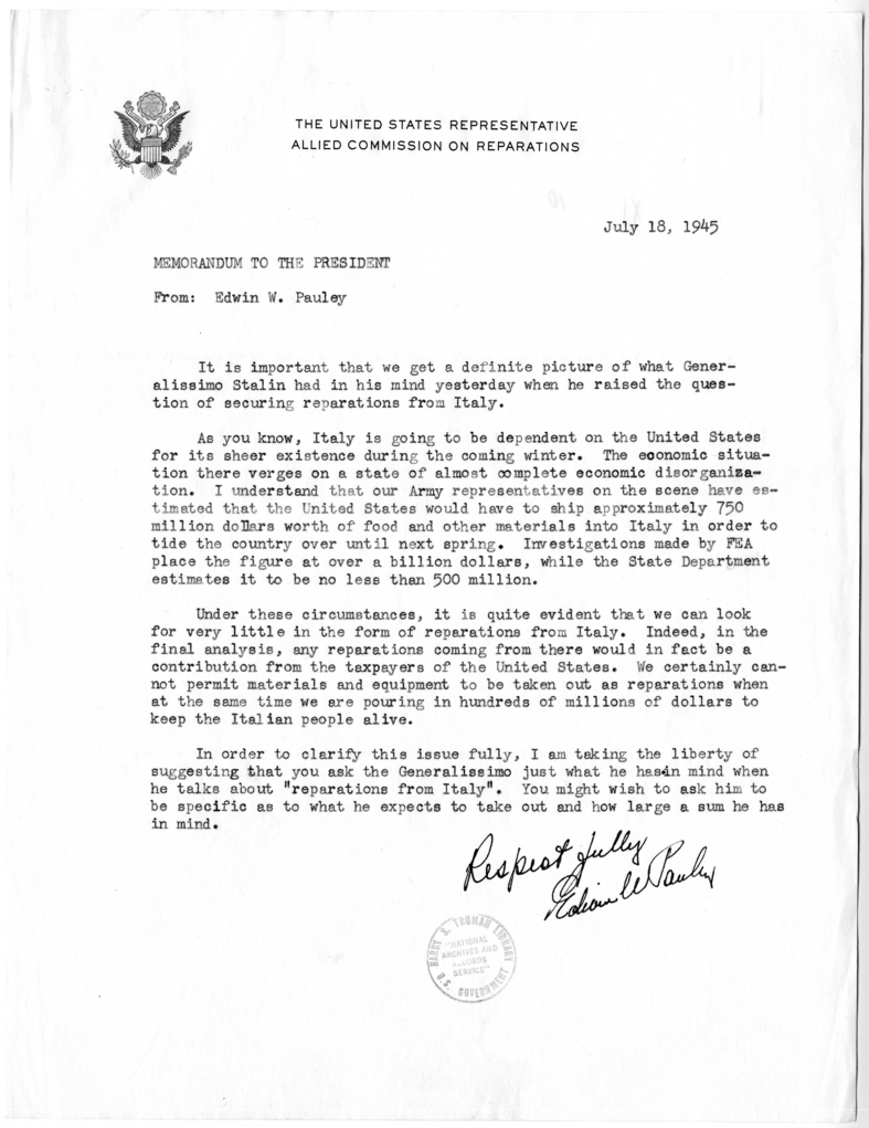 Memorandum from Edwin W. Pauley to President Harry S. Truman