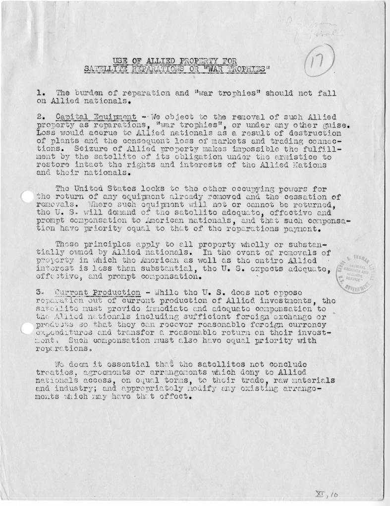 Memorandum, Use of Allied Property for Satellite Reparations or "War Trophies"
