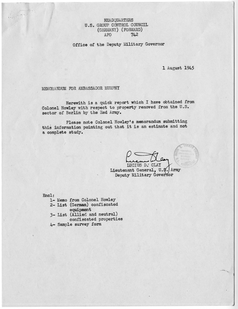 Memorandum from Lieutenant General Lucius D. Clay to Ambassador Robert D. Murphy