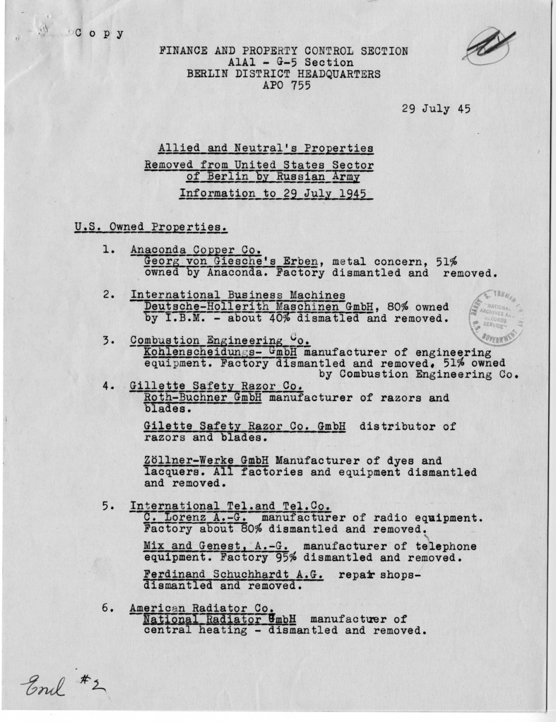 Memorandum, Allied and Neutral's Properties Removed from United States Sector of Berlin by Russian Army