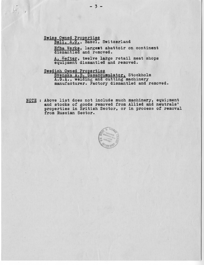 Memorandum, Allied and Neutral's Properties Removed from United States Sector of Berlin by Russian Army