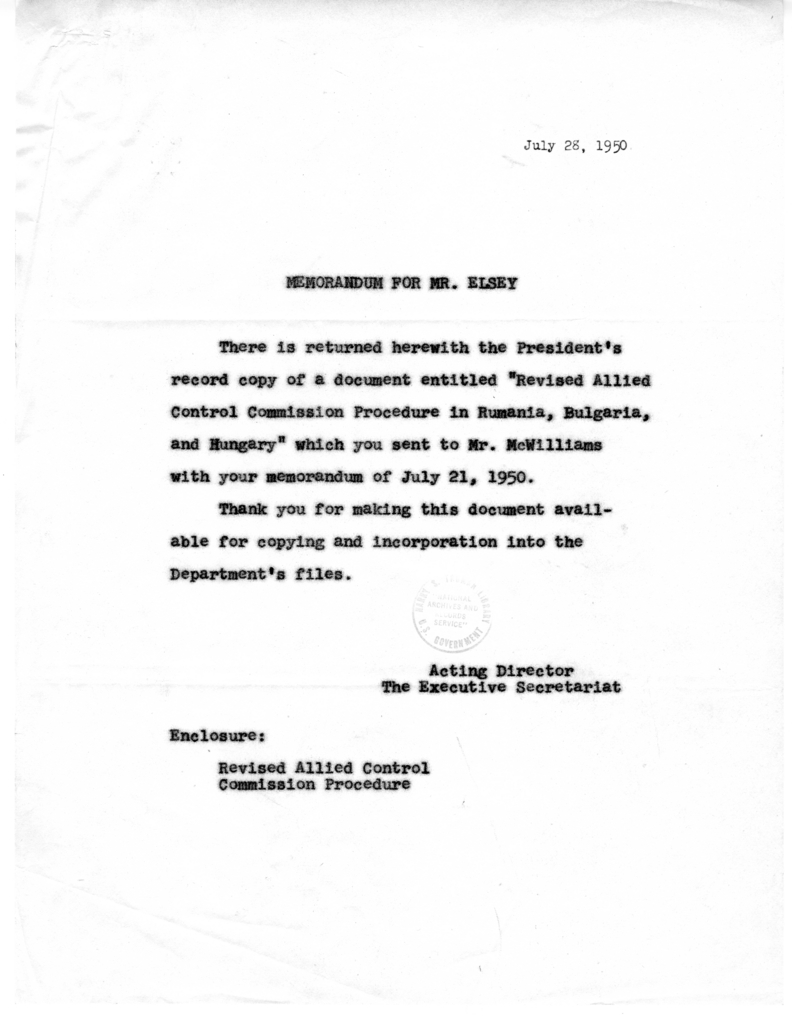 Memorandum, Revised Allied Control Commission Procedure in Rumania, Bulgaria, and Hungary, with Attachment