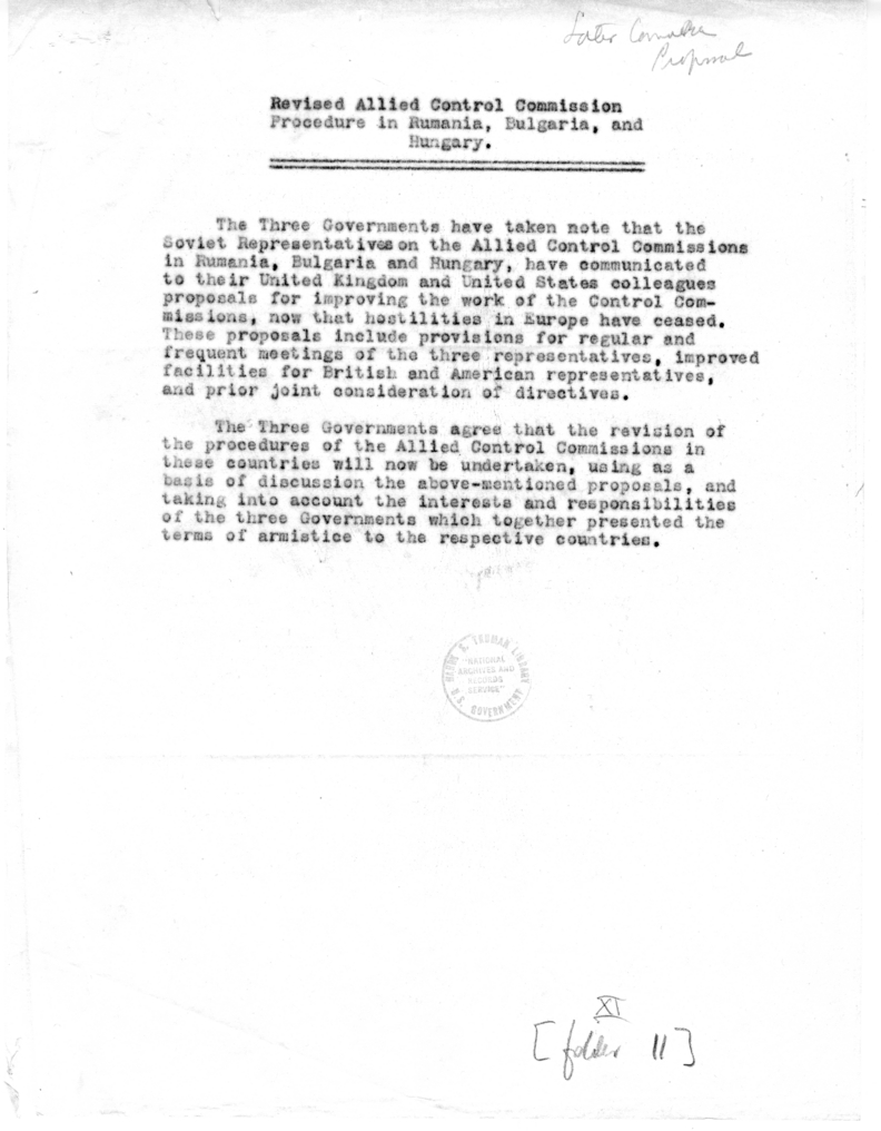 Memorandum, Revised Allied Control Commission Procedure in Rumania, Bulgaria, and Hungary, with Attachment