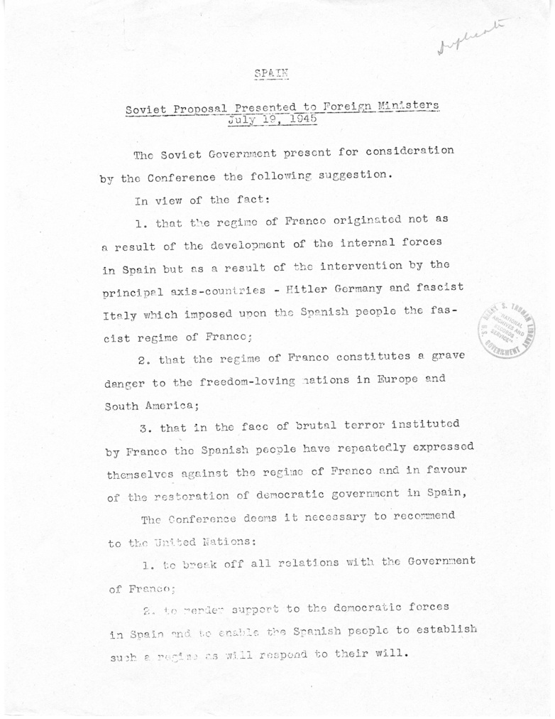 Memorandum, Soviet Proposal Presented to Foreign Ministers Regarding Spain