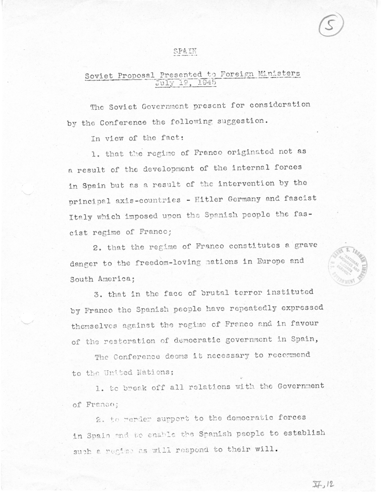 Memorandum, Soviet Proposal Presented to Foreign Ministers Regarding Spain