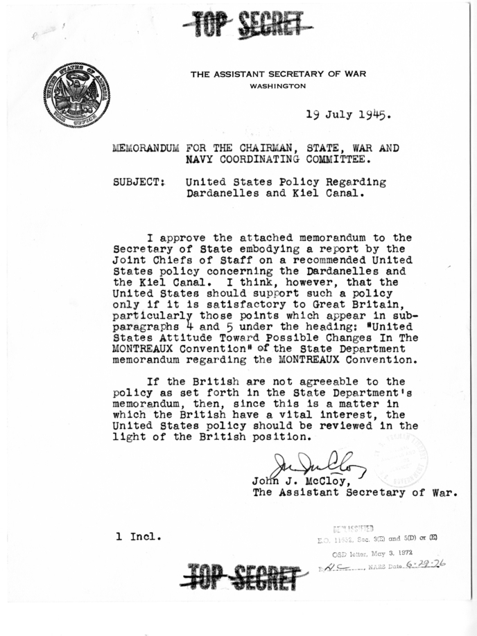 Memorandum for the Chairman, State, War and Navy Coordinating Committee from John J. McCloy