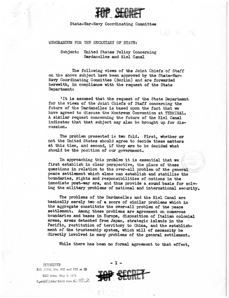 Memorandum from James C. Dunn to the Secretary of State, Regarding United States Policy Concerning Dardanelles and Kiel Canal