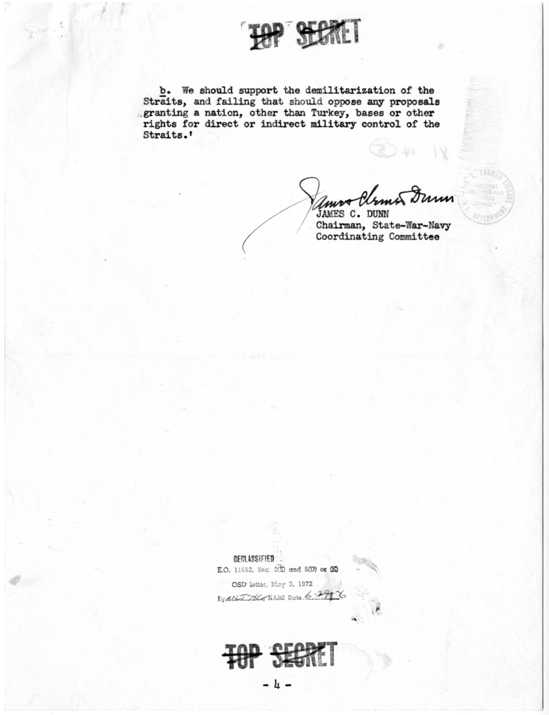 Memorandum from James C. Dunn to the Secretary of State, Regarding United States Policy Concerning Dardanelles and Kiel Canal