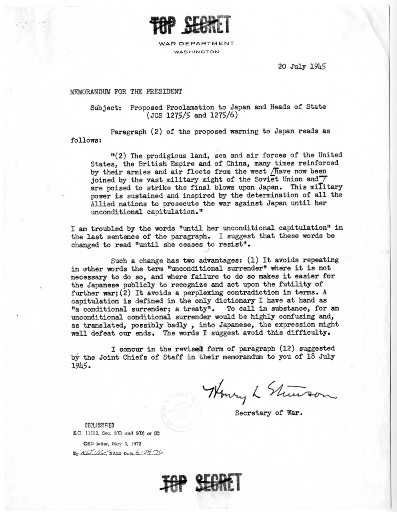 Memorandum from Secretary of War Henry L. Stimson to President Harry S. Truman