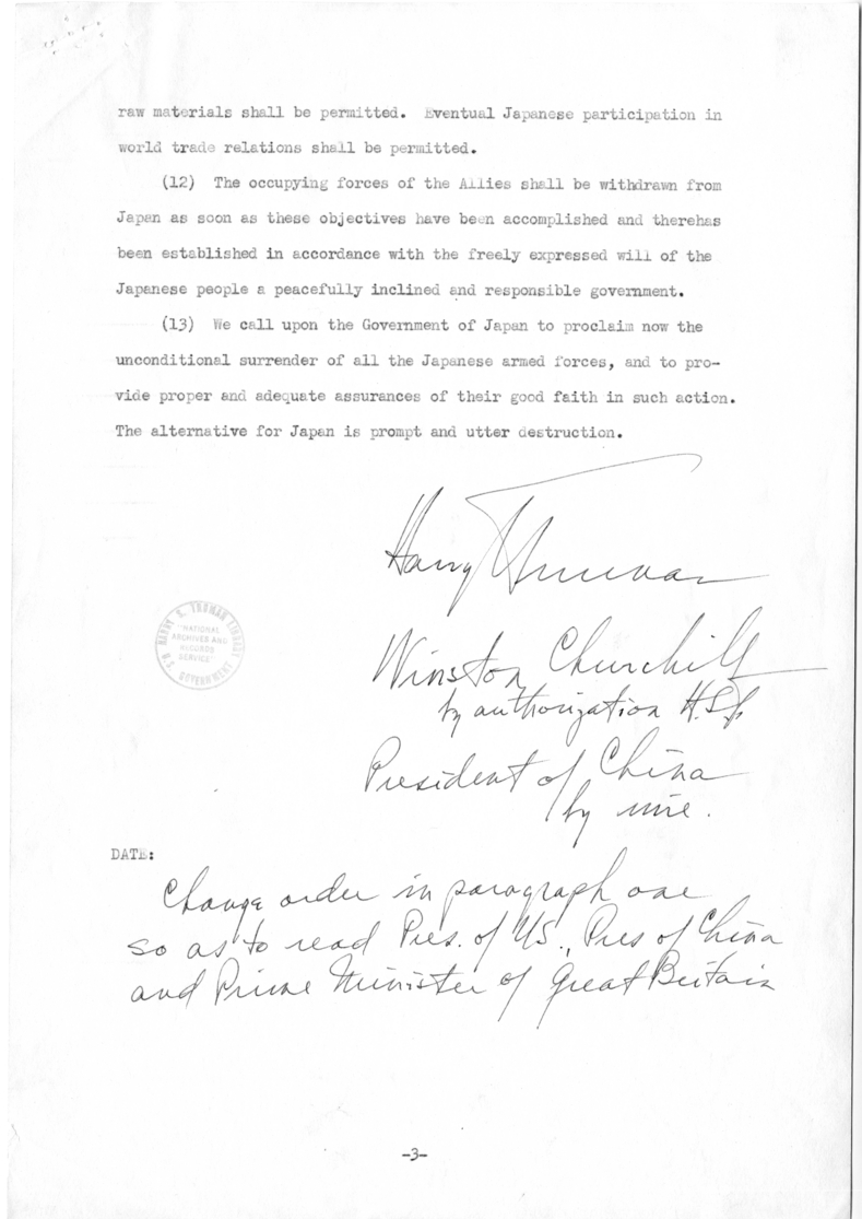 Proclamation by the Heads of Governments of the United States, United Kingdom, and China
