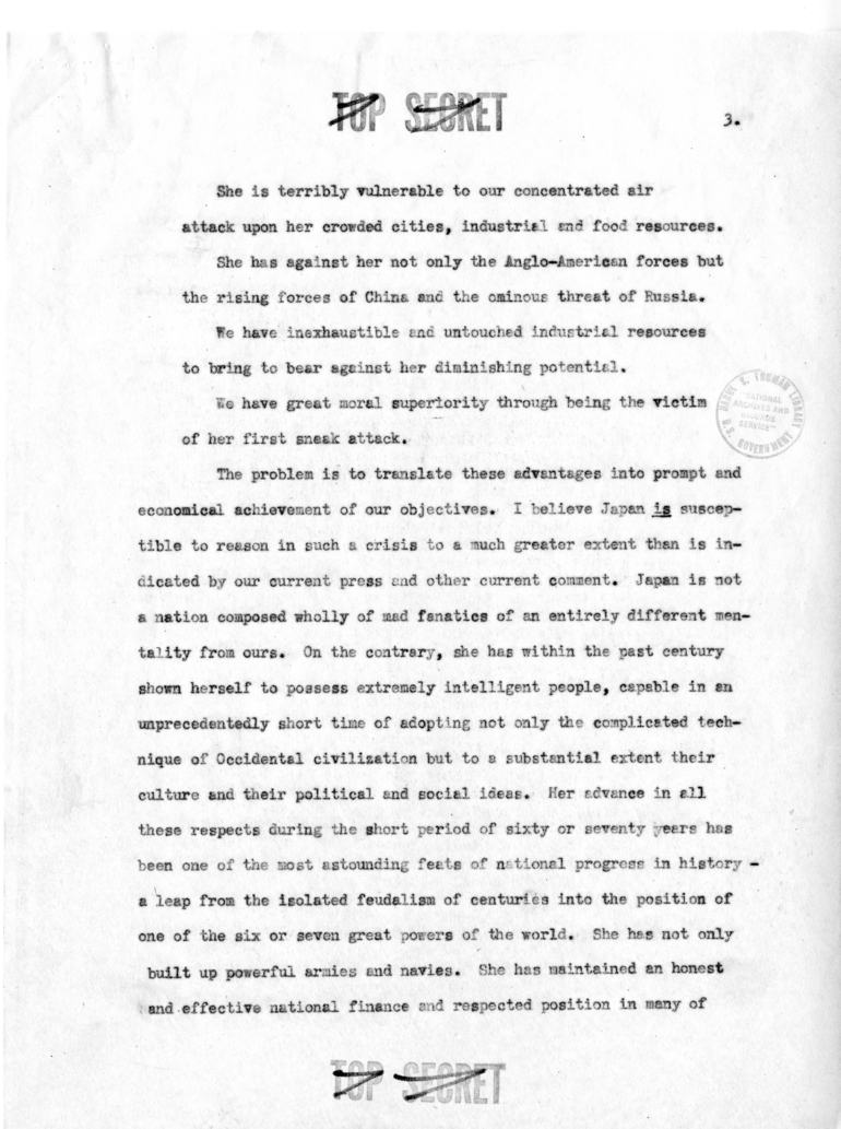 Memorandum from Secretary of War Henry L. Stimson to President Harry S. Truman, Proposed Program for Japan
