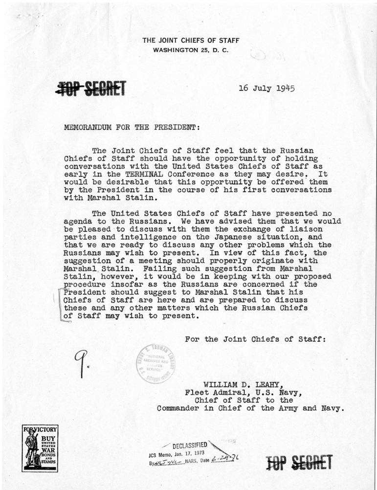 Memorandum from Fleet Admiral William D. Leahy to President Harry S. Truman