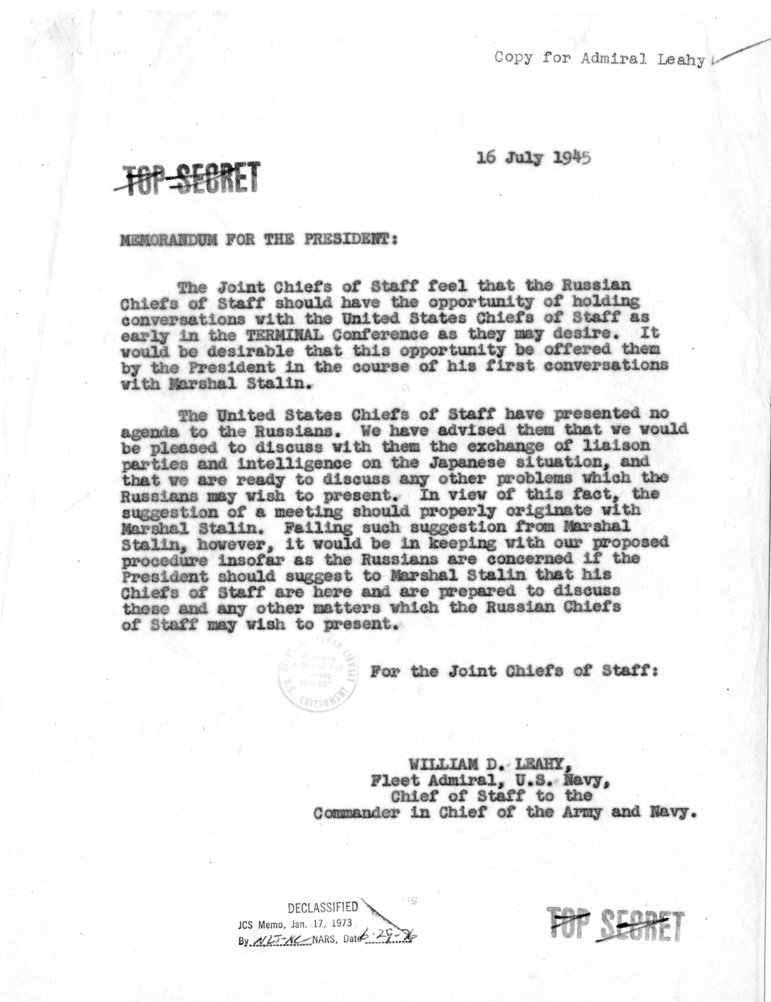 Memorandum from Fleet Admiral William D. Leahy to President Harry S. Truman