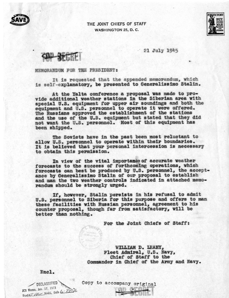 Memorandum from Fleet Admiral William D. Leahy to President Harry S. Truman